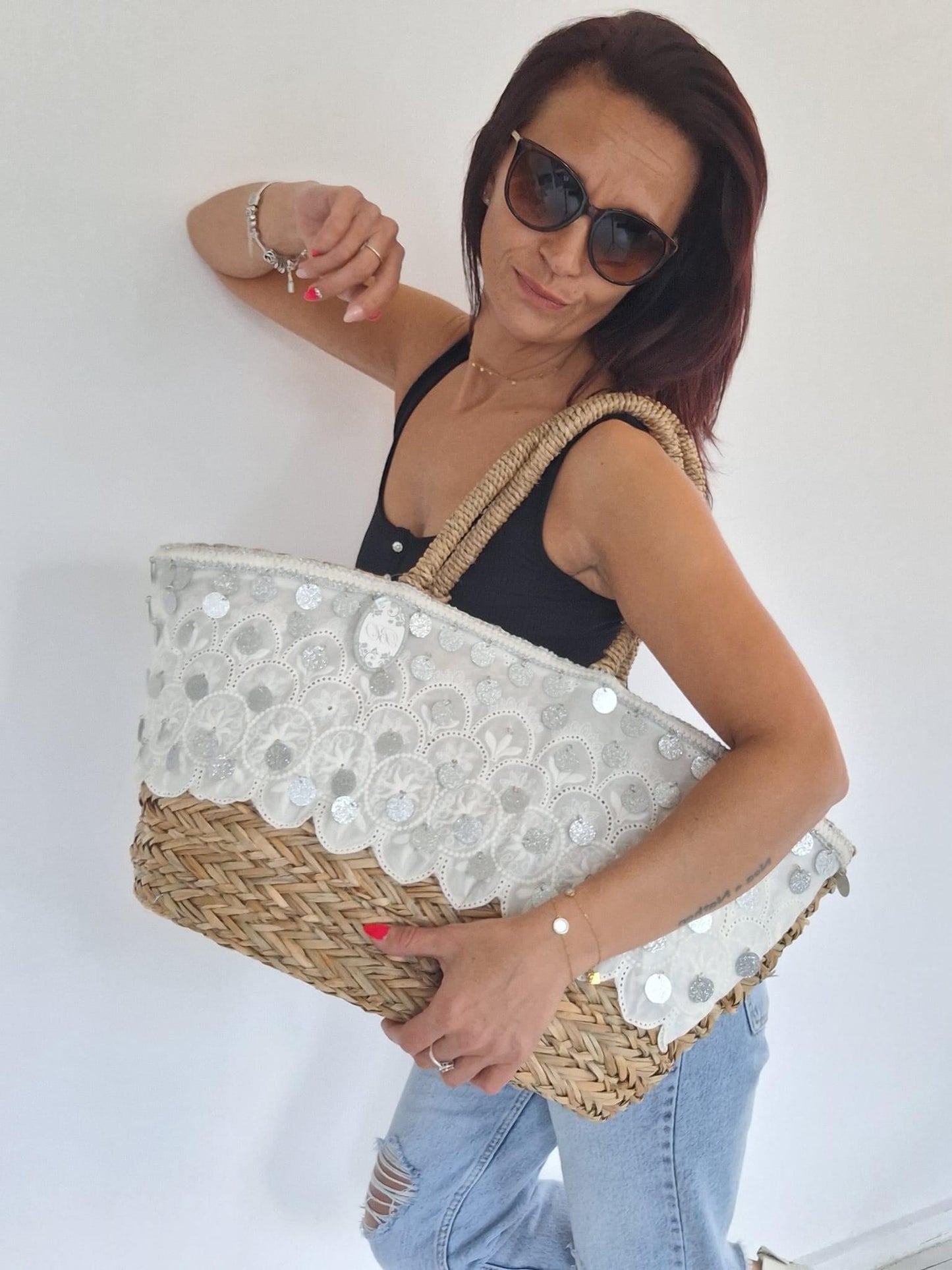 Bohemian Beach Bag White broderie with golden pailettes