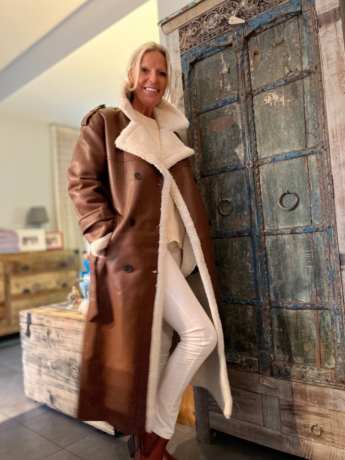 Mantel Leatherlook met warme teddy 💕 Bruin