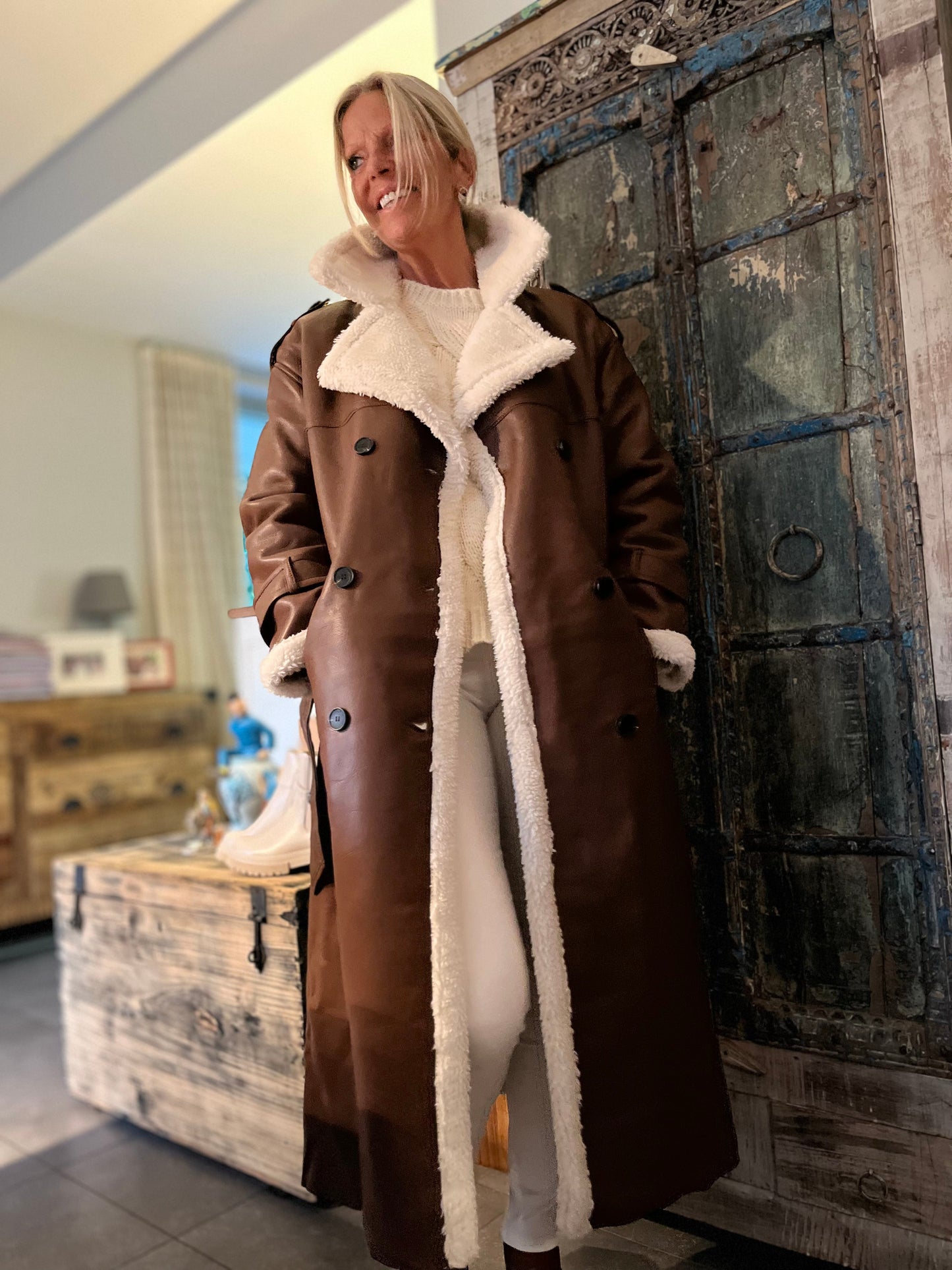 Mantel Leatherlook met warme teddy 💕 Bruin