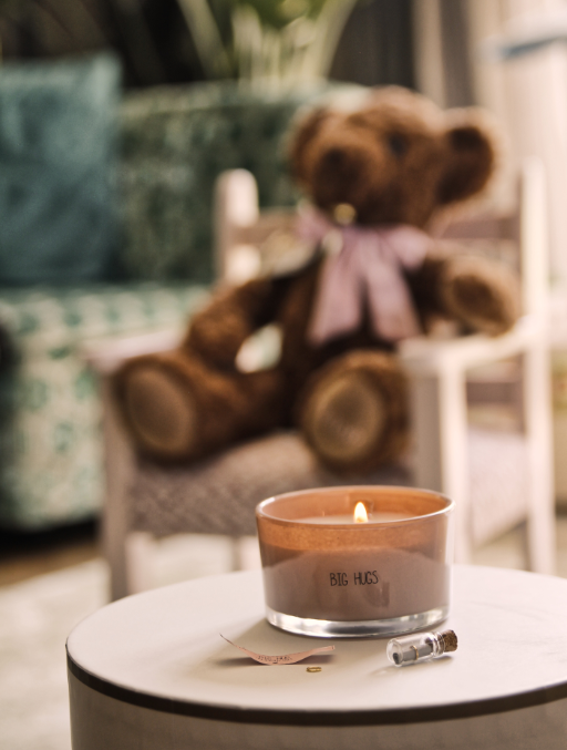 Flessenpost geurkaars - BIG HUGS - Briefje met BIG HUGS - UNLIMITED USES