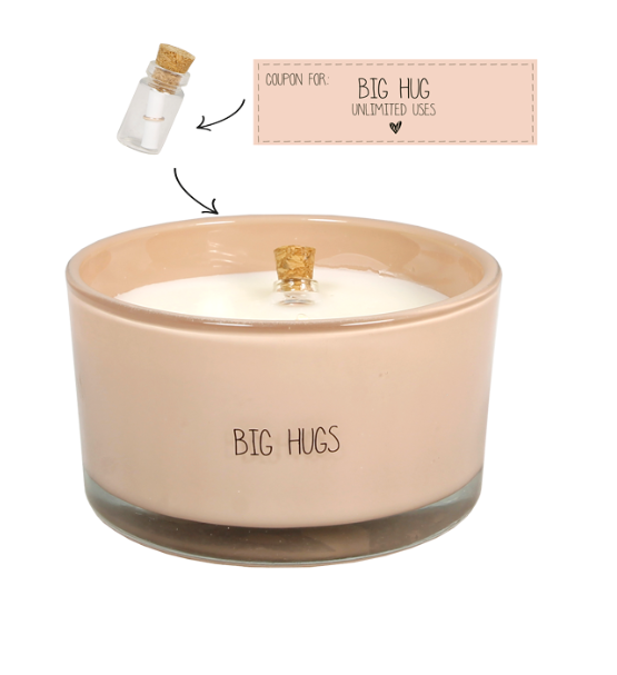 Flessenpost geurkaars - BIG HUGS - Briefje met BIG HUGS - UNLIMITED USES