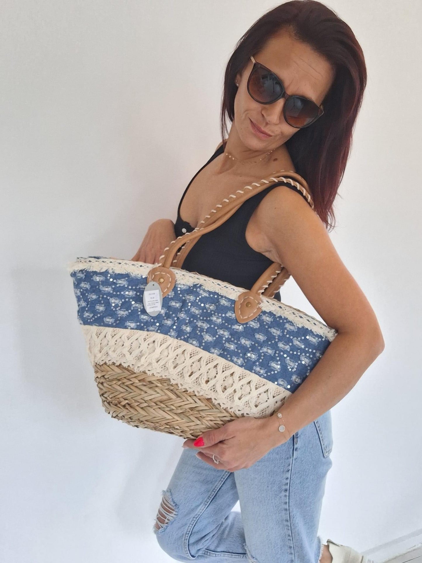 Bohemian Beach Bag Jeans & Straw