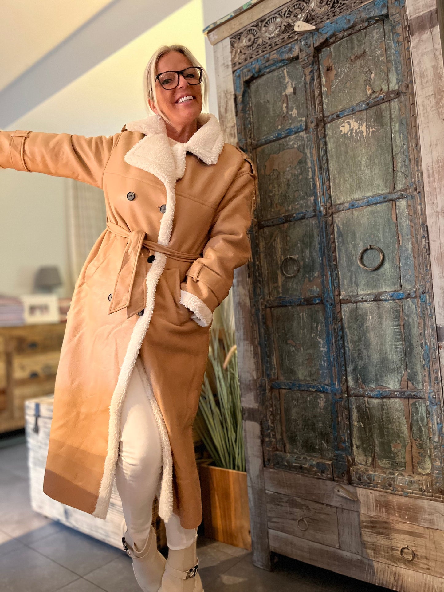 Mantel Leatherlook met warme teddy 💕 Camel