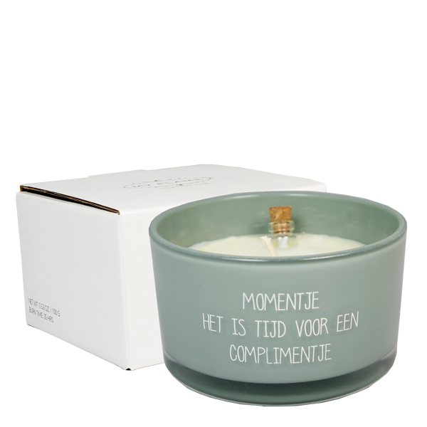 Flessenpost geurkaars - MOMENTJE. HET IS TIJD VOOR EEN COMPLIMENTJE - Briefje met BIG HUGS - UNLIMITED USES