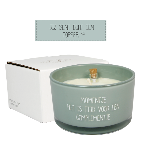 Flessenpost geurkaars - MOMENTJE. HET IS TIJD VOOR EEN COMPLIMENTJE - Briefje met BIG HUGS - UNLIMITED USES