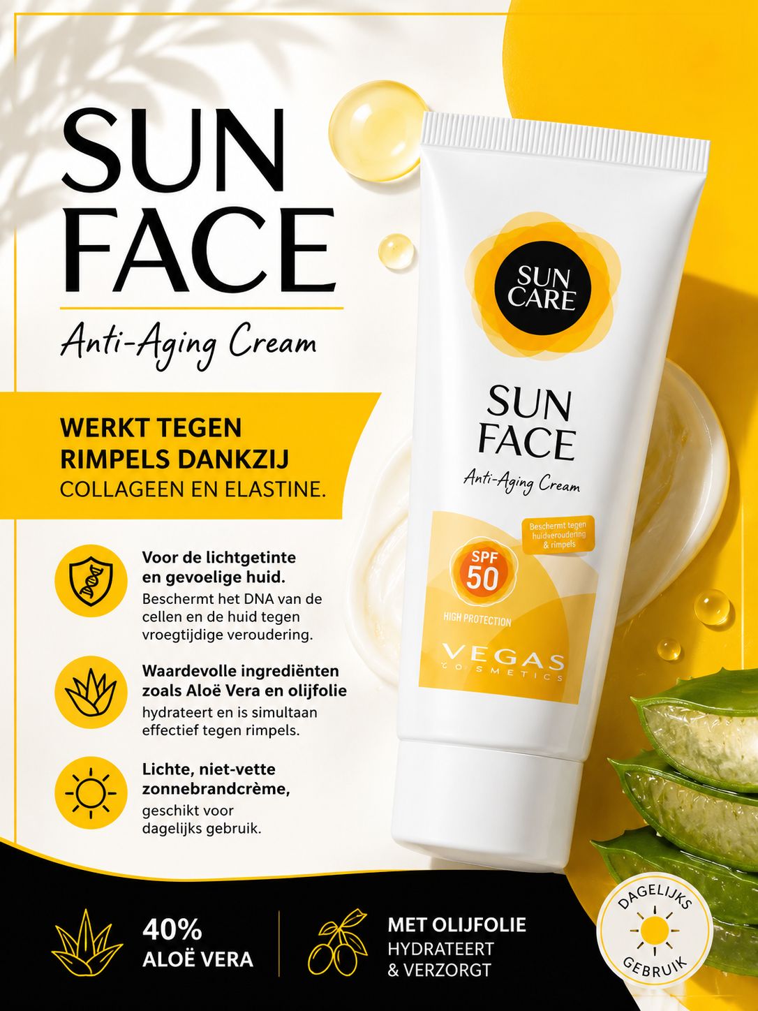 Sun Face Anti Aging Crème met Aloë Vera en olijfolie - effectief tegen rimpels | SPF 50